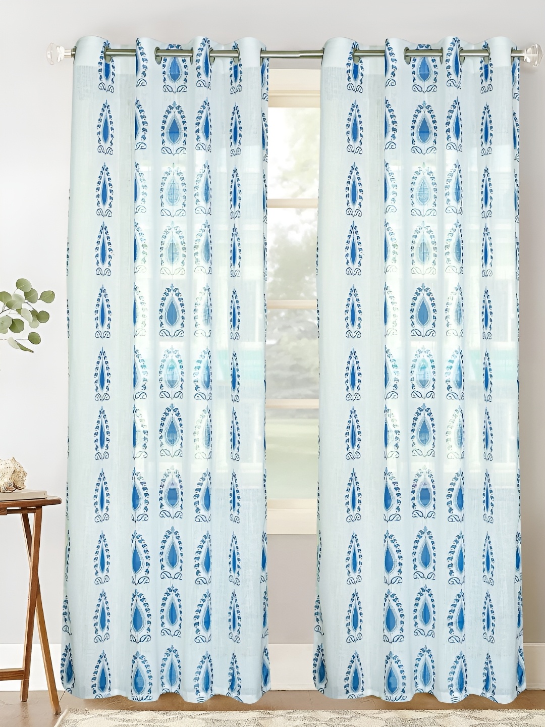 

HOMADORN White & Blue 2 Pieces Floral Sheer Window Curtain