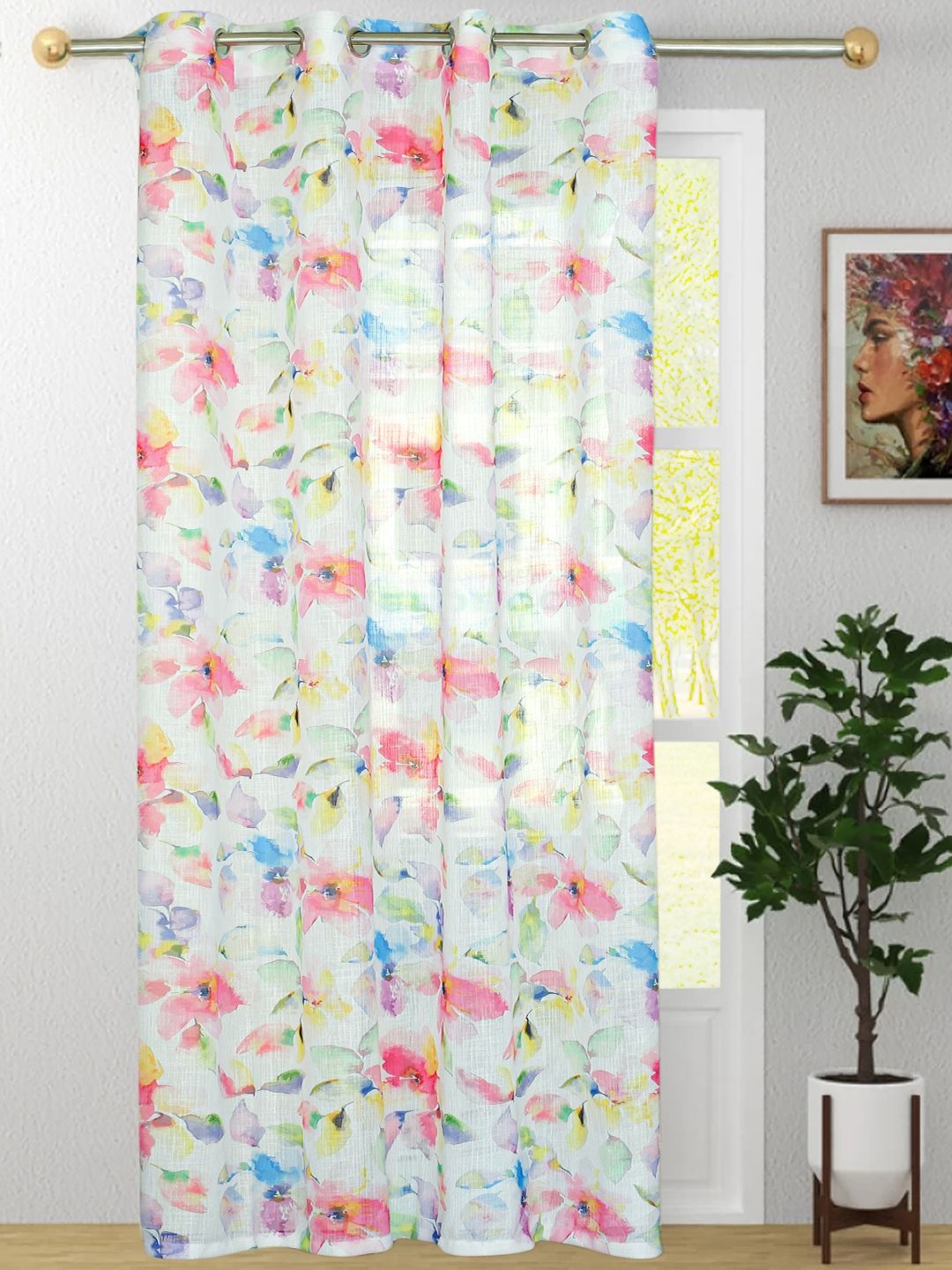 

HOMADORN White & Pink Floral Printed Sheer Door Curtain