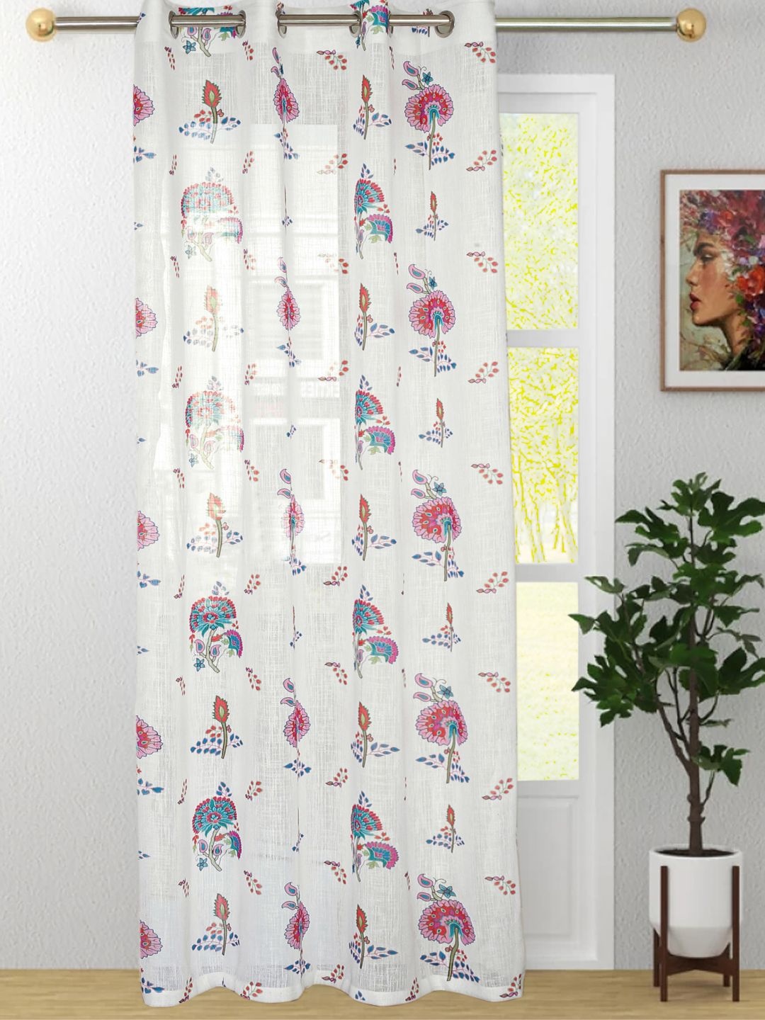 

HOMADORN White & Blue Floral Printed Sheer Long Door Curtain