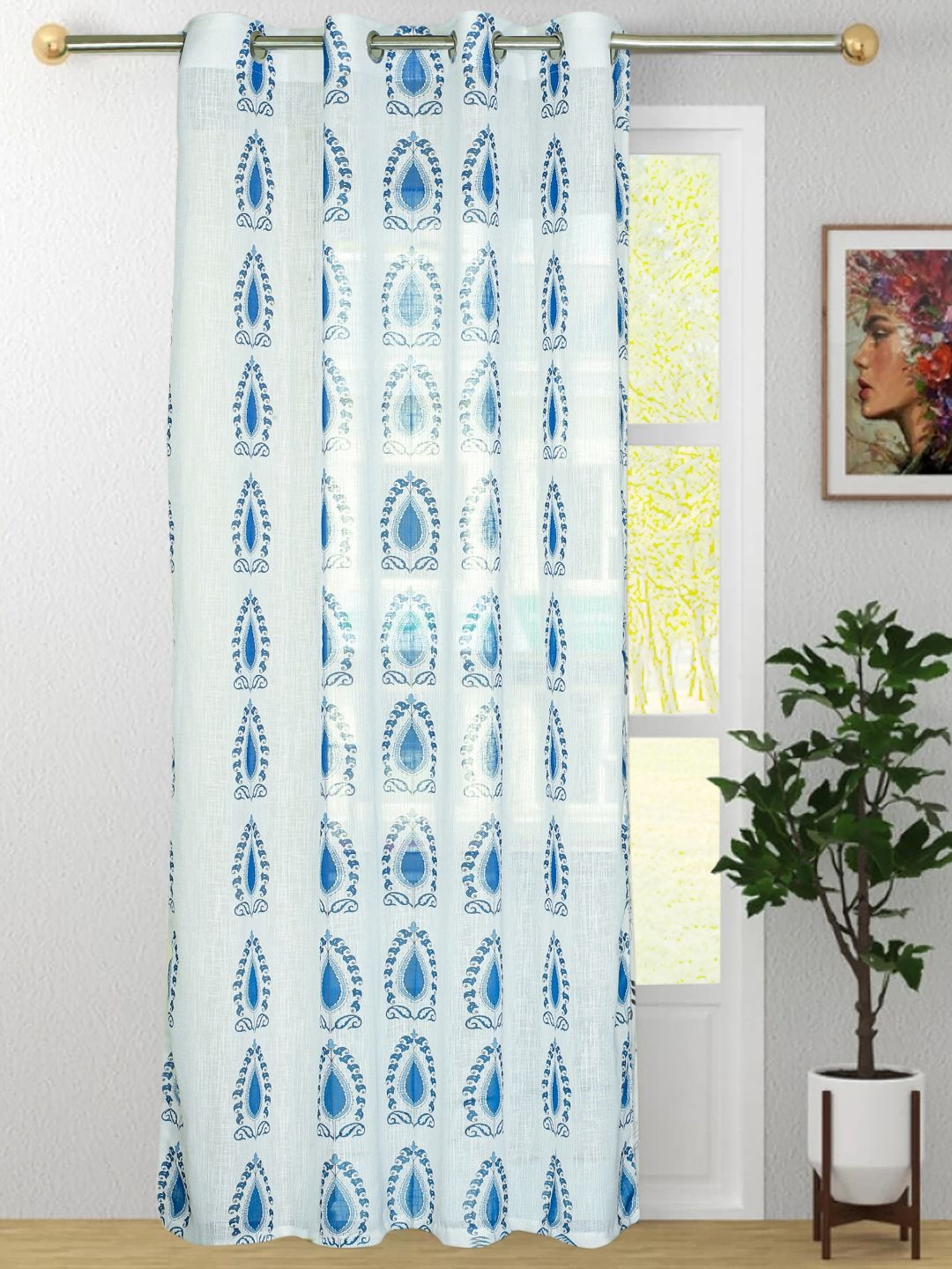 

HOMADORN White & Blue Ethnic Motifs Sheer Window Curtain