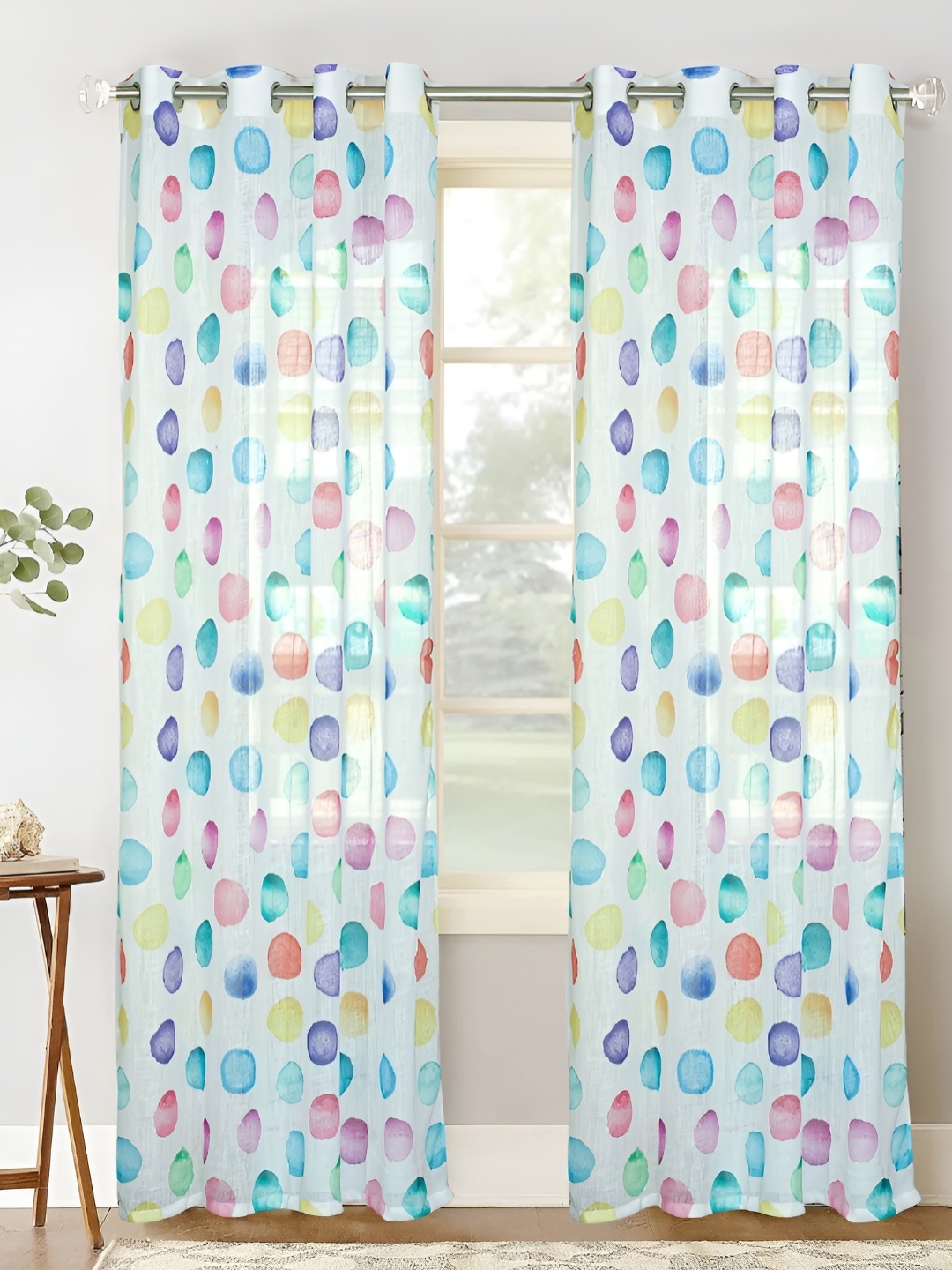 

HOMADORN White & Blue Floral Printed Sheer Window Curtain