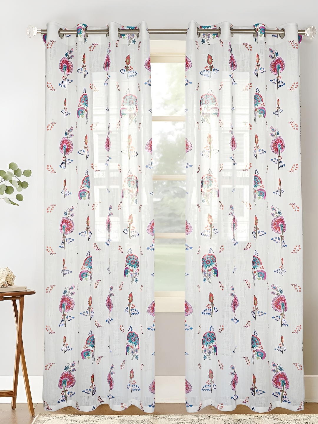 

HOMADORN White & Pink 2 Pieces Floral Eyelet Sheer Linen Long Door Curtains