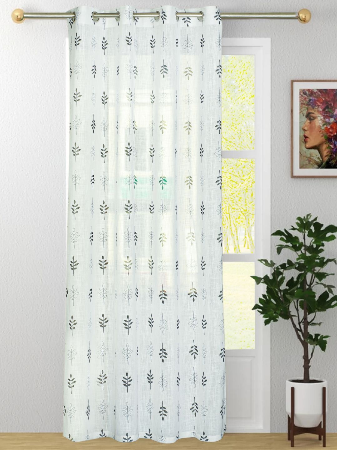 

HOMADORN White & Green Floral Printed Sheer Window Curtain
