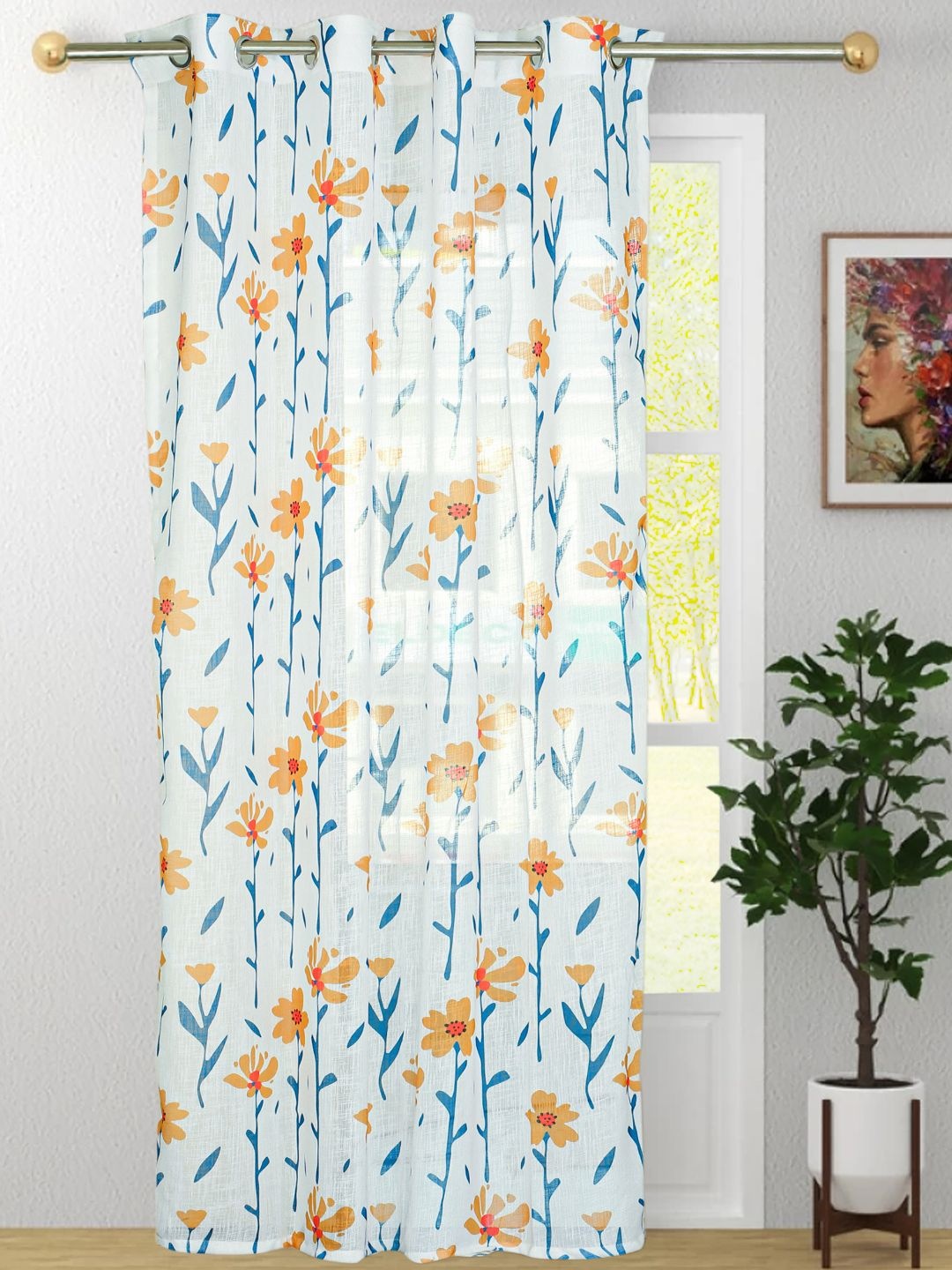 

HOMADORN White & Blue Floral Printed Sheer Door Curtain