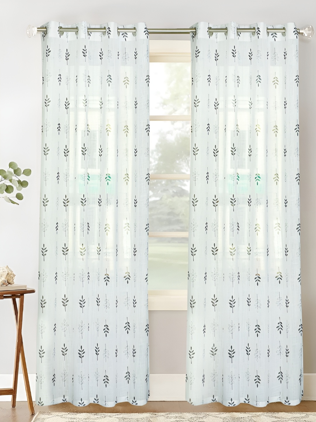 HOMADORN White & Green 2 Pieces Printed Floral Sheer Door Curtain