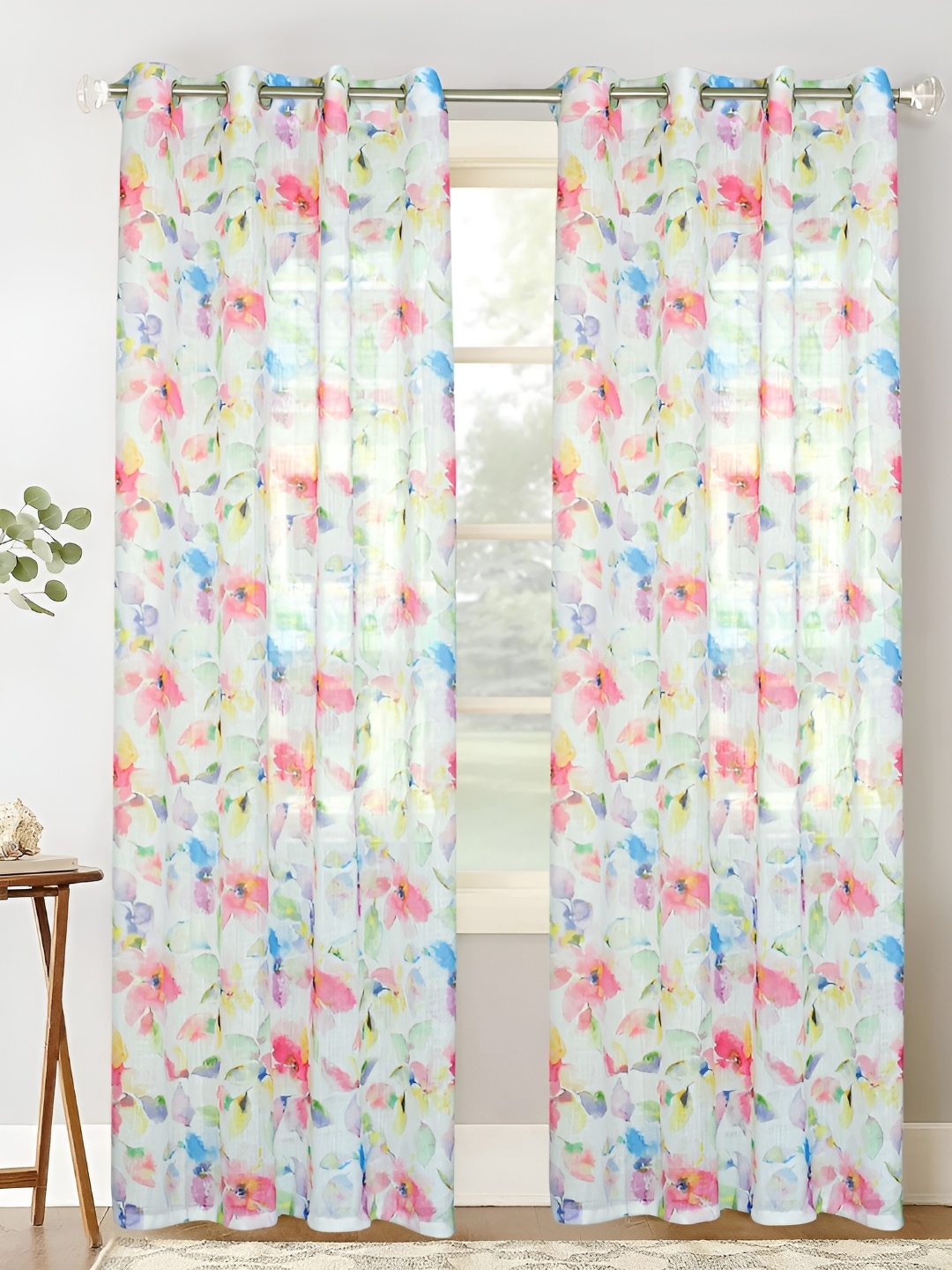 HOMADORN White & Pink 2 Pieces Floral Eyelet Sheer Linen Door Curtains