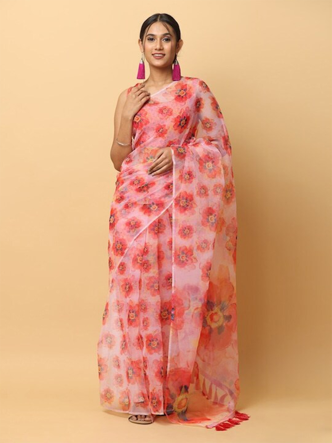 

PATLIPALLU Floral Printed Zari Organza Saree, Rose