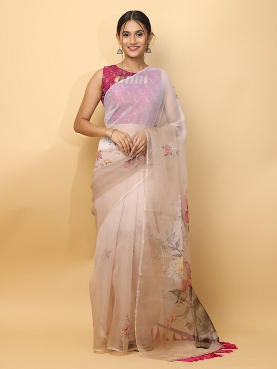 

PATLIPALLU Floral Printed Zari Organza Saree, Cream