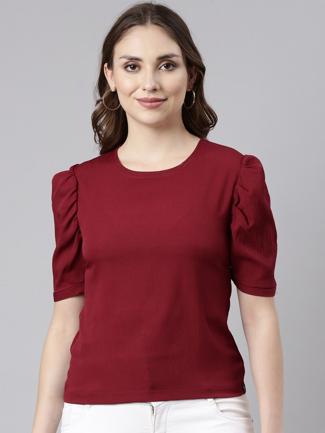 

TWIN BIRDS Puff Sleeves Regular Crumple Short Top, Red