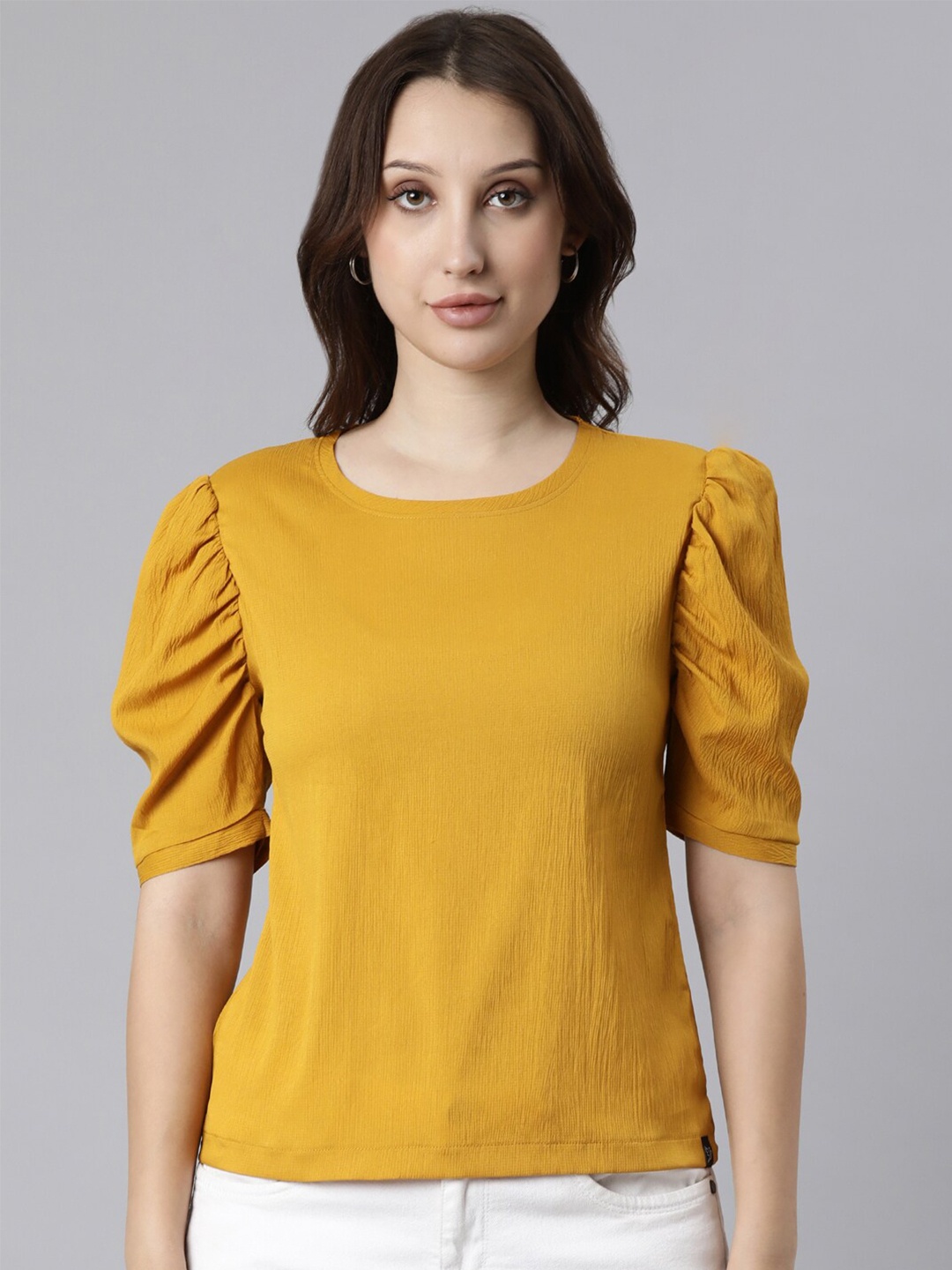 

TWIN BIRDS Puff Sleeves Regular Crumple Short Top, Yellow
