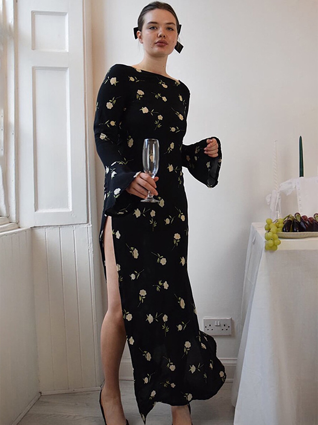 

LULU & SKY Floral Print Bell Sleeve Maxi Dress, Navy blue