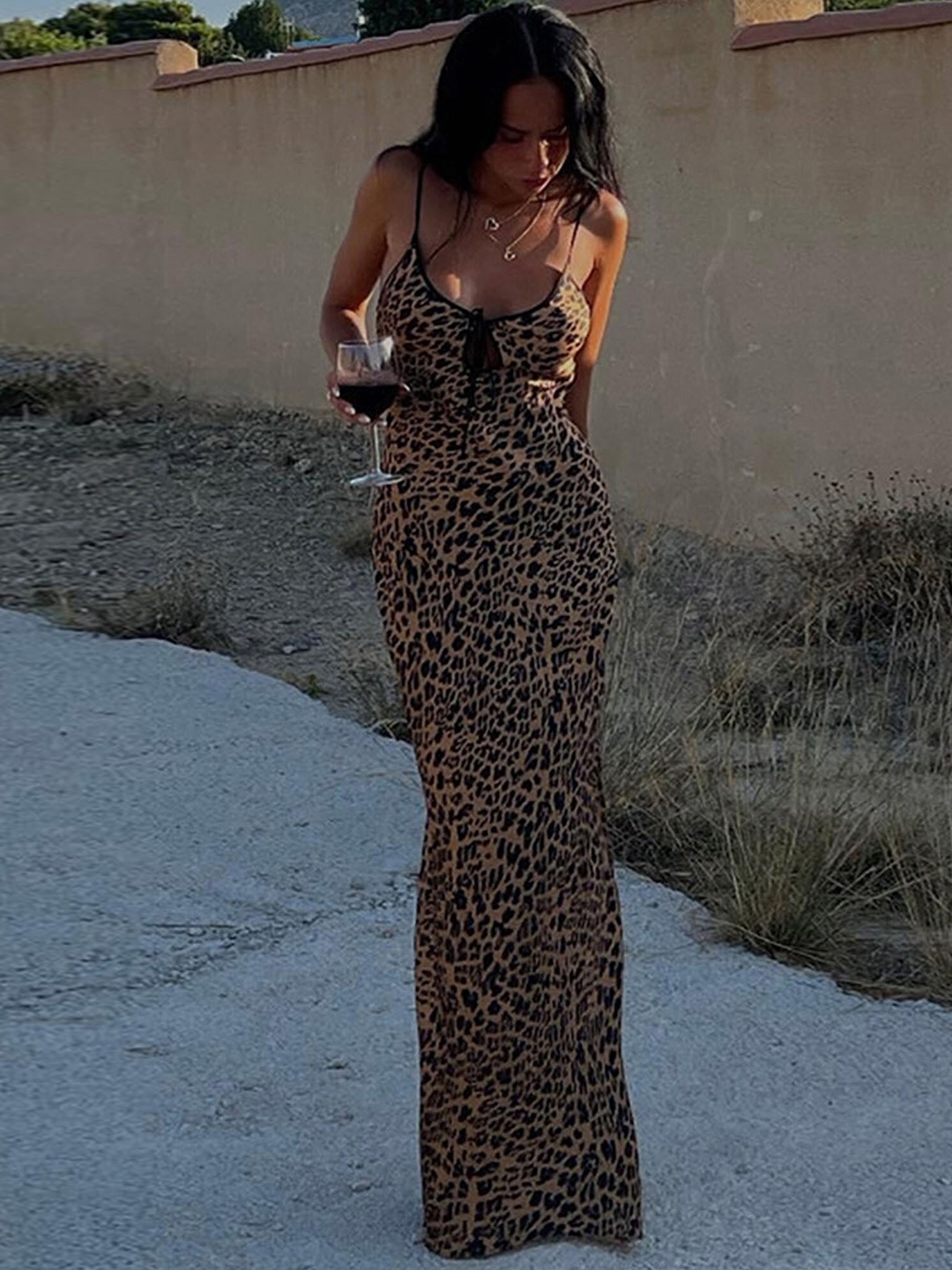 

LULU & SKY Animal Print Shoulder Straps Maxi Dress, Brown