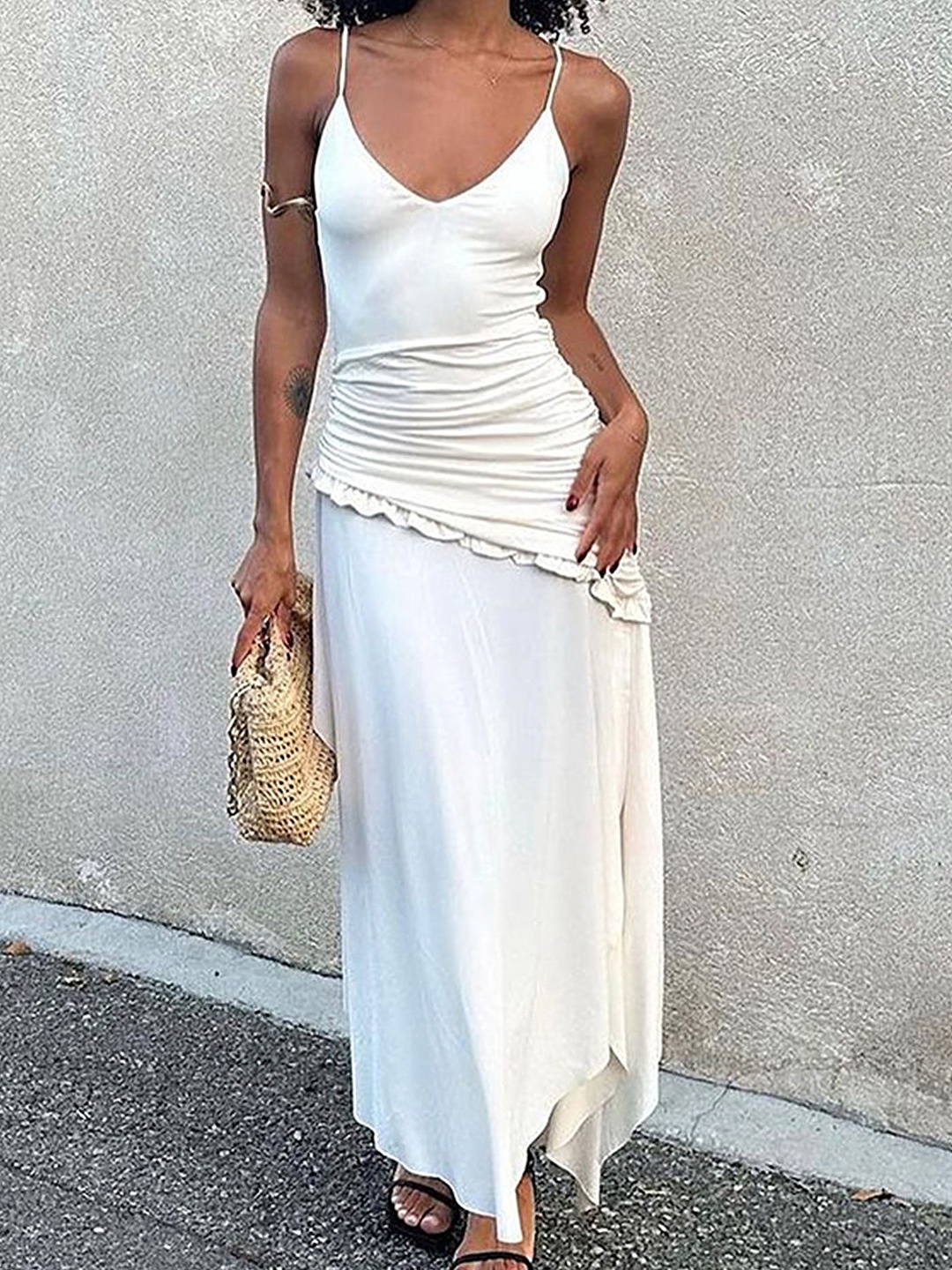 

LULU & SKY Shoulder Strap Ruched Maxi Dress, White
