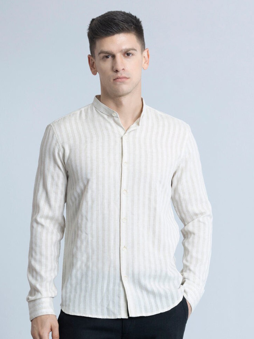 

Snitch Classic Slim Fit Striped Linen Curved Casual Shirt, Cream