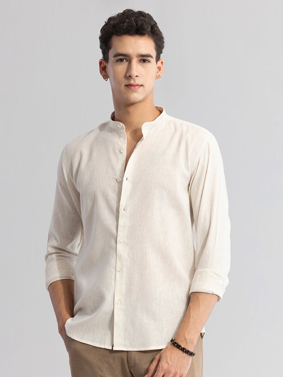 

Snitch Classic Slim Fit Spread Collar Linen Curved Casual Shirt, Cream