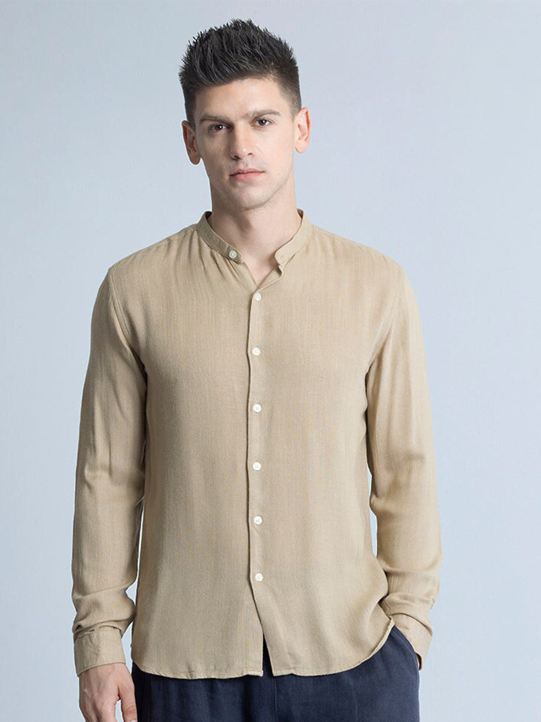 

Snitch Classic Mandarin Collar Lenin Curved Slim Fit Casual Shirt, Khaki