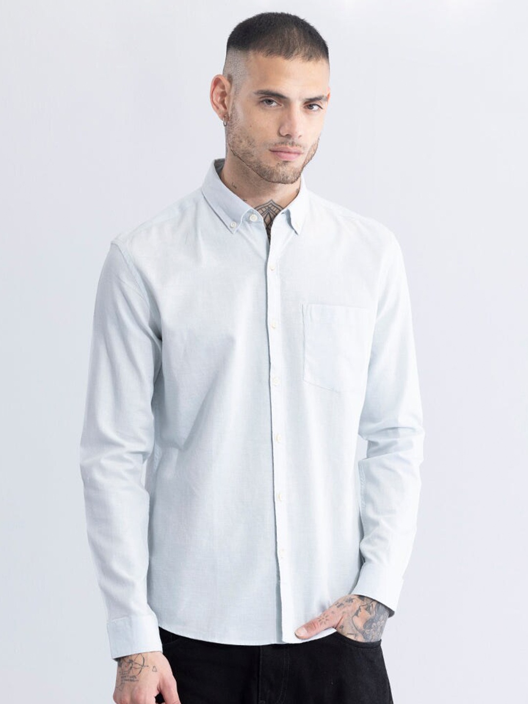 

Snitch Classic Slim Fit Spread Collar Linen Curved Casual Shirt, Blue
