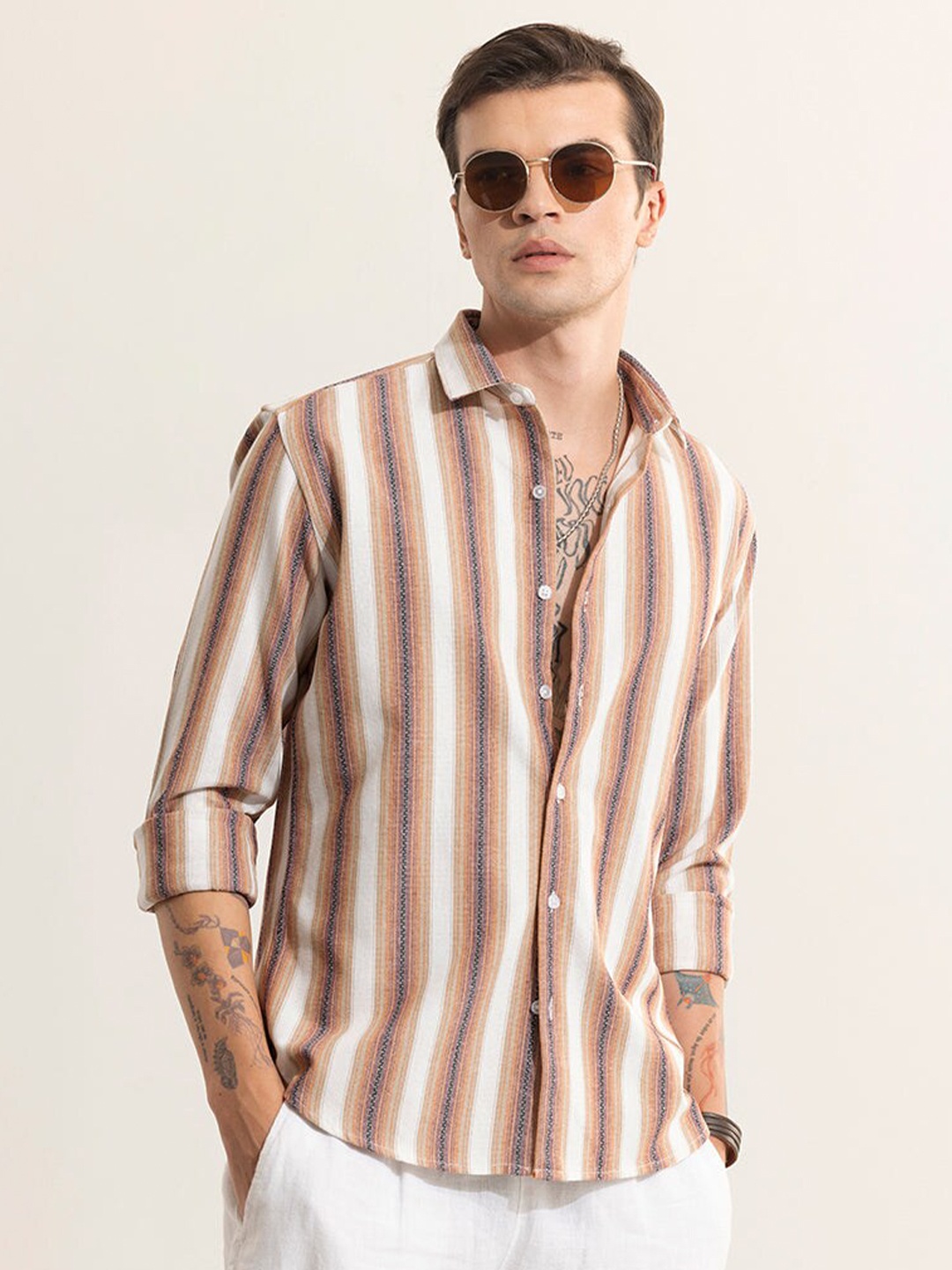 

Snitch Striped Classic Slim Fit Spread Collar Cotton Curved Casual Shirt, Orange