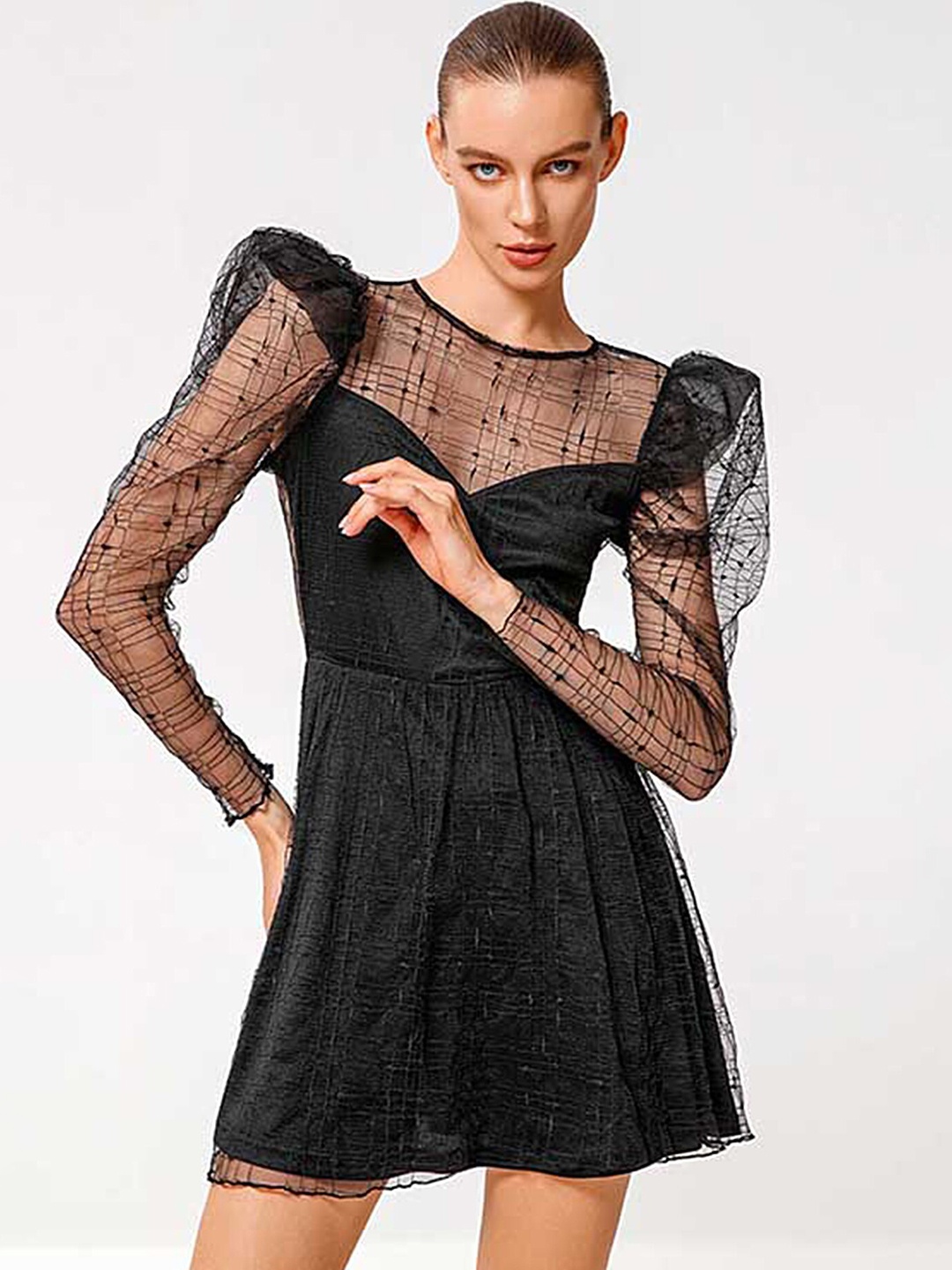 

LULU & SKY Self Design Puff Sleeves Lace Inserts Fit & Flare Dress, Black