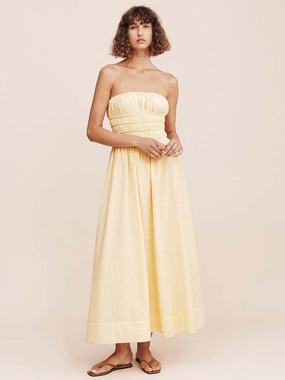 

LULU & SKY Strapless Smocked Pure Cotton Fit & Flare Maxi Dress, Yellow