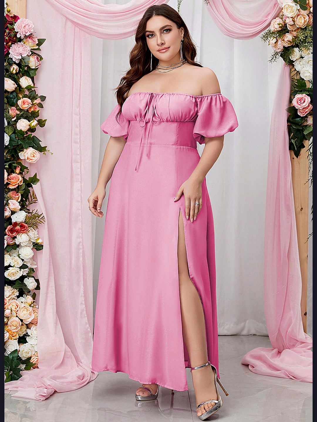 

LULU & SKY Plus Size Off-Shoulder Puff Sleeves Slit Tie Up Maxi Dress, Pink