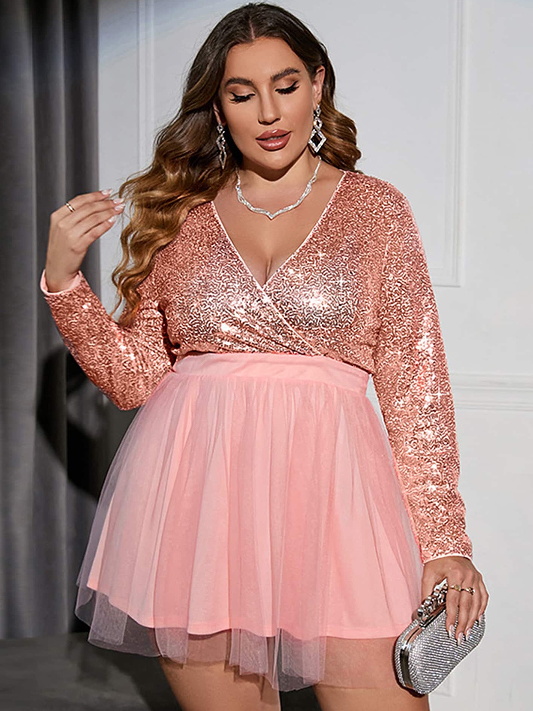 

LULU & SKY Plus Size Embellished V-Neck Sequinned Detailed Fit & Flare Dress, Pink