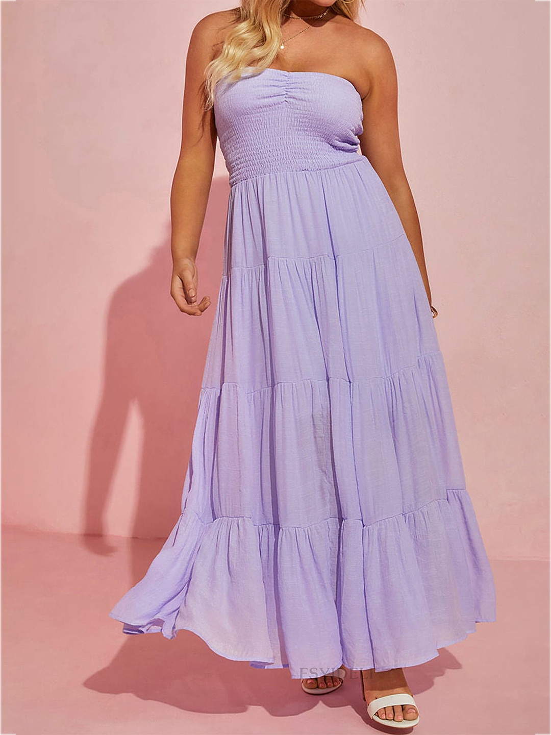 

LULU & SKY Strapless Gathered Detailed Tiered Maxi Dress, Lavender