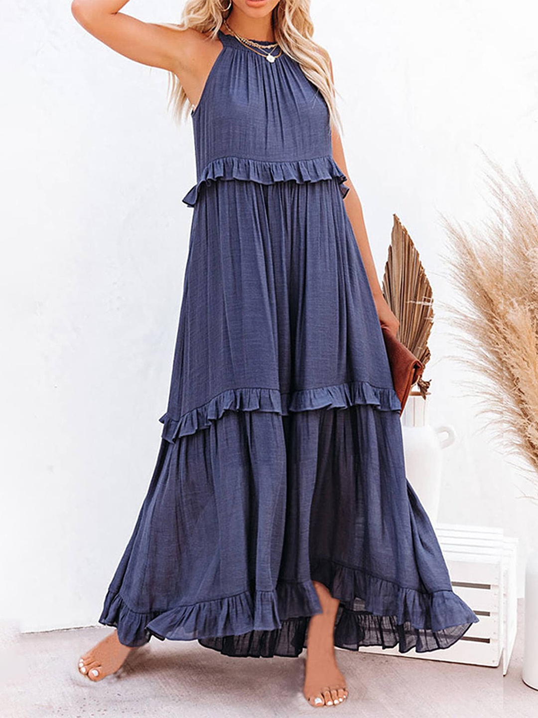 

LULU & SKY Halter Neck Sleeveless Tiered Detail Maxi Dress, Blue