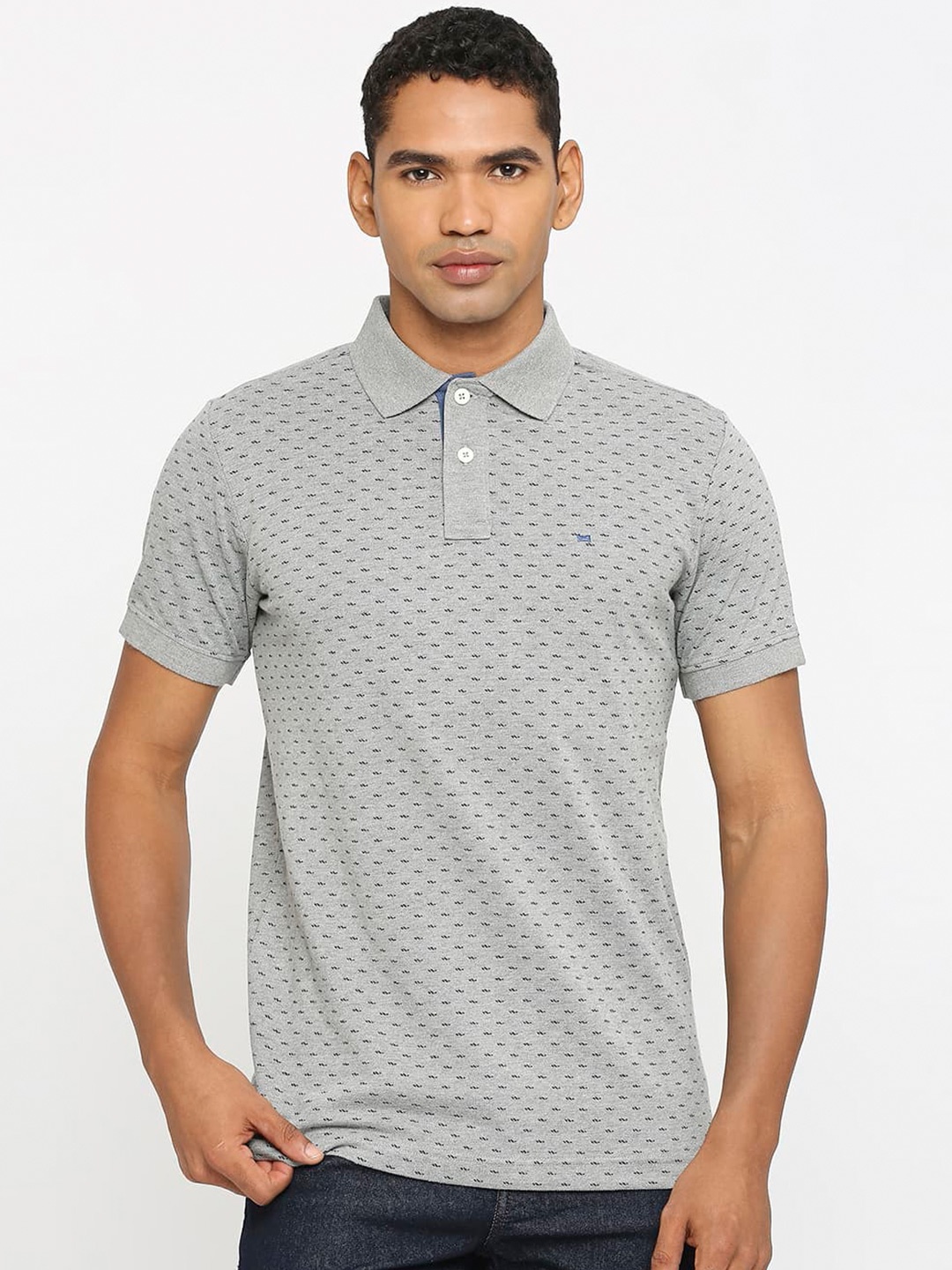 

Basics Polo Collar Slim Fit Geometric Printed Cotton T-shirt, Grey
