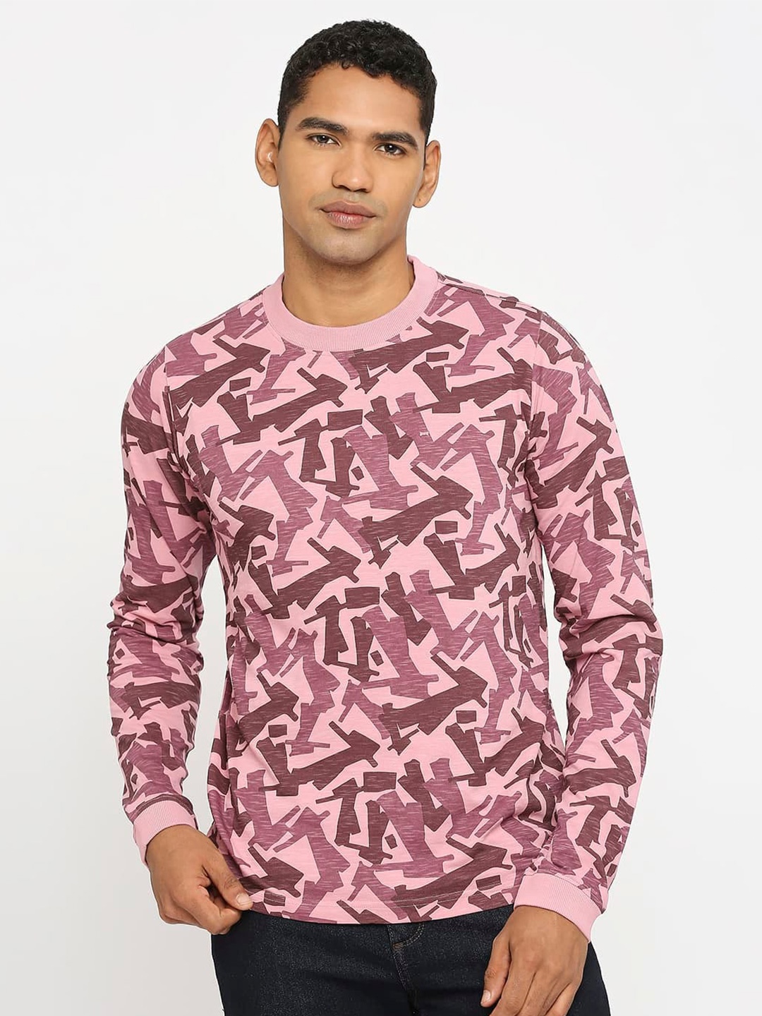 

Basics Abstract Printed Round Neck Slim Fit T-shirt, Pink