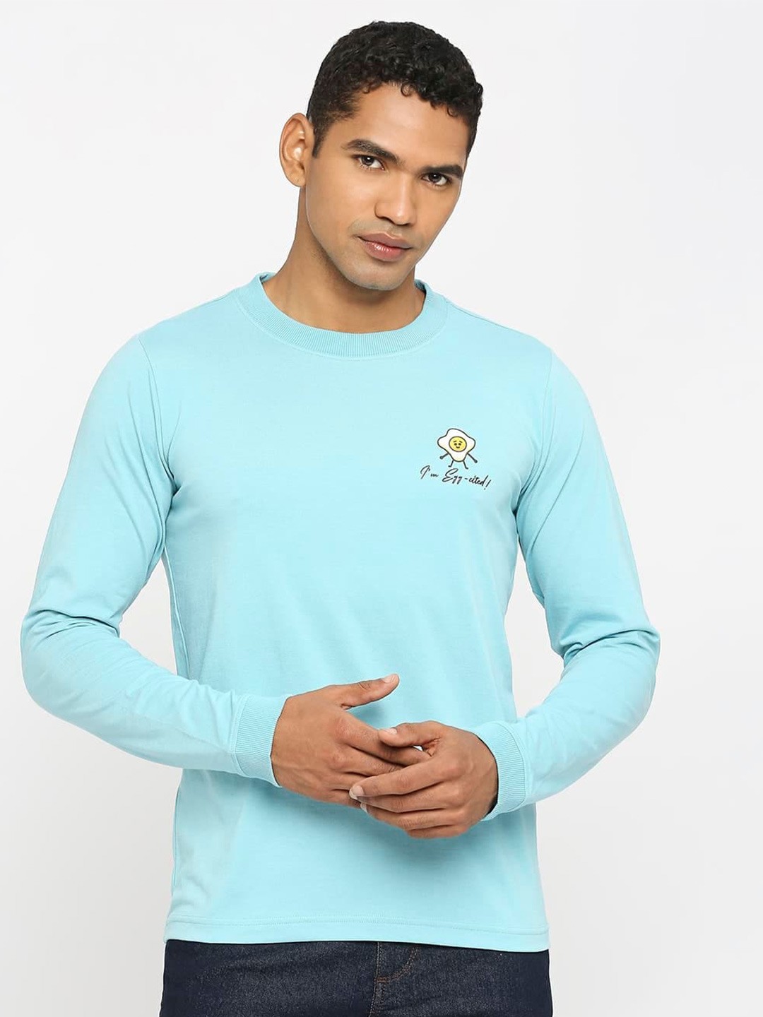 

Basics Round Neck Long Sleeves Cotton T-Shirt, Blue