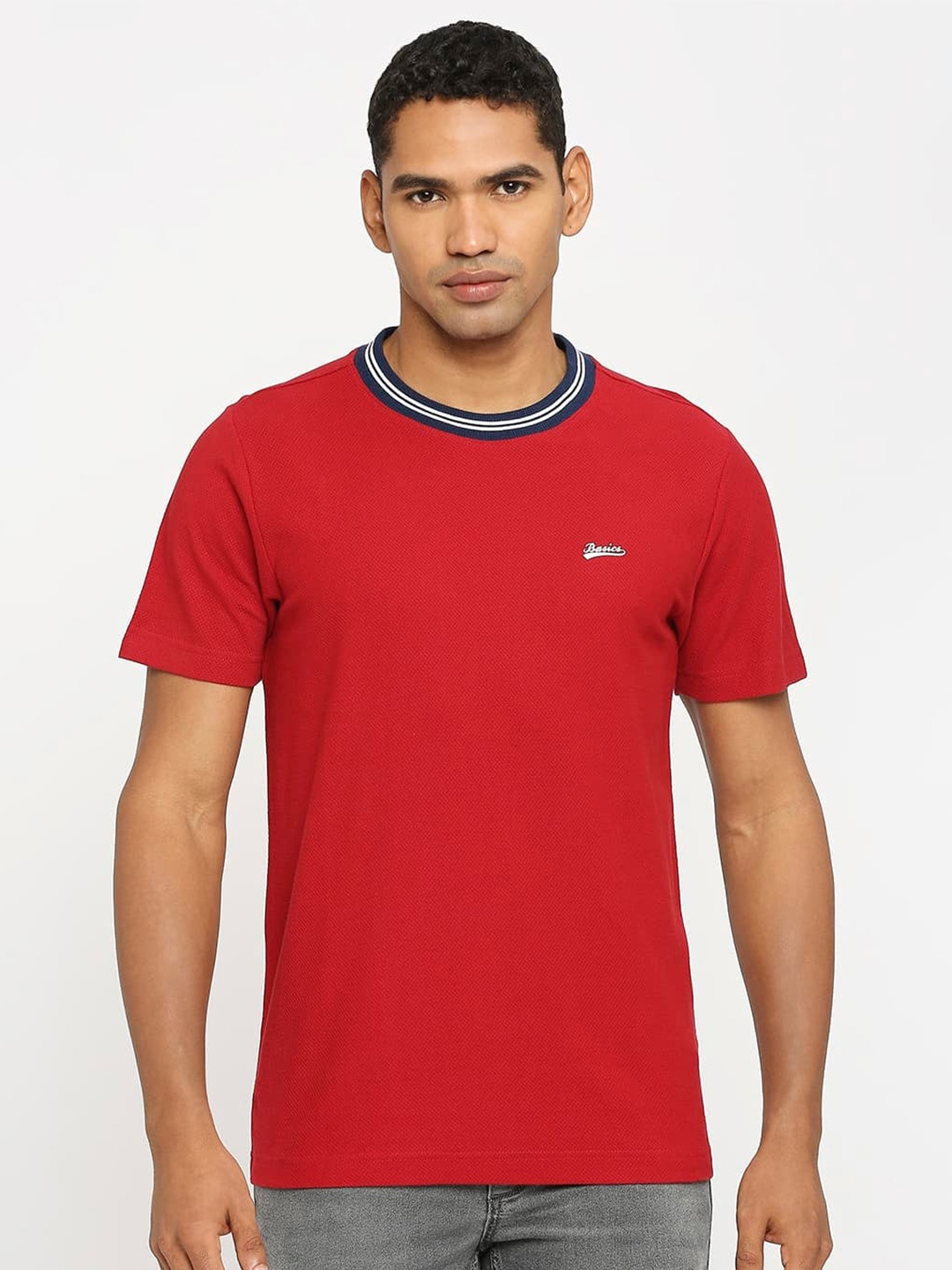 

Basics Round Neck Slim Fit Cotton T-shirt, Red