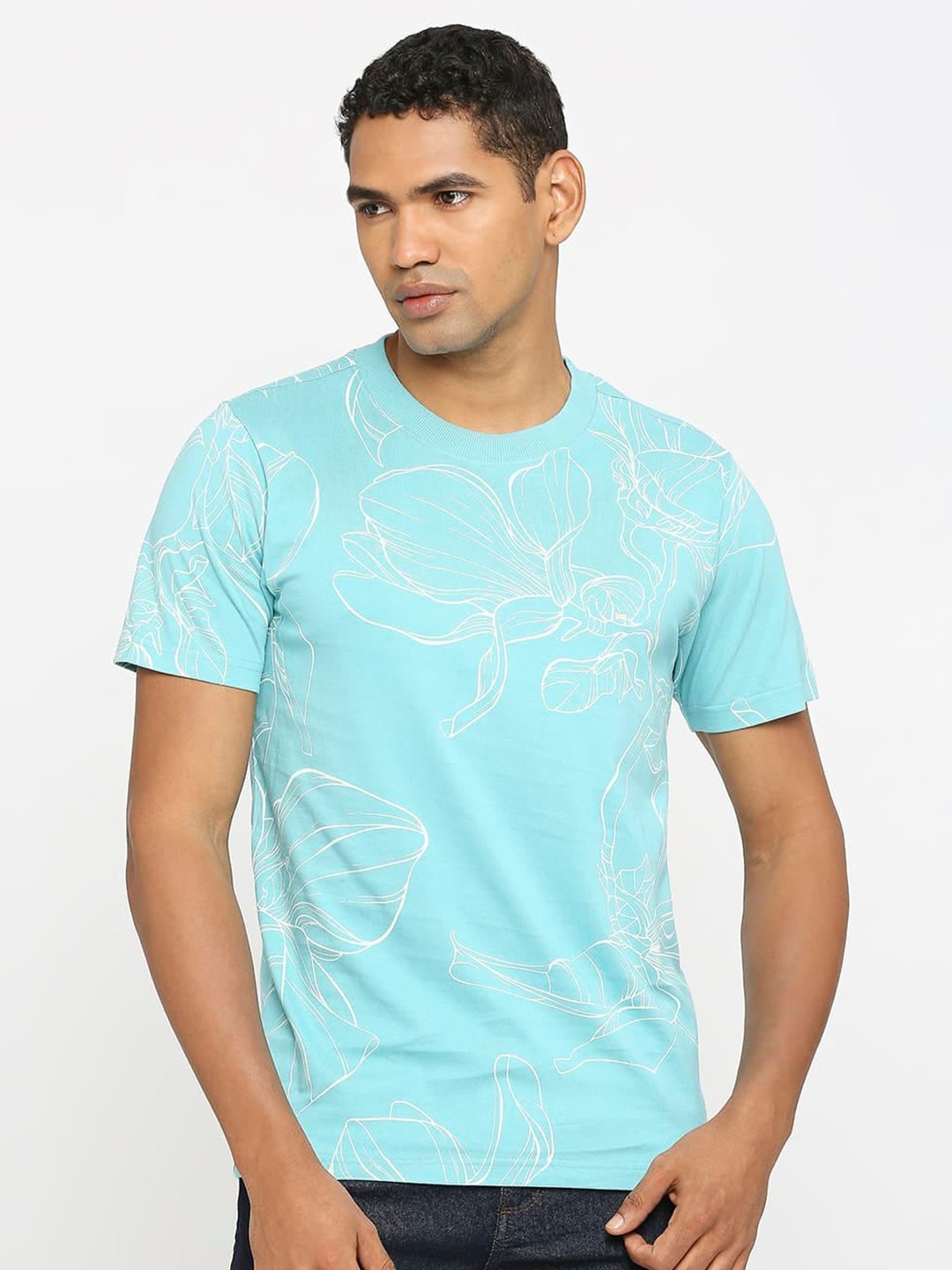 

Basics Round Neck Abstract Printed Slim Fit Cotton T-shirt, Blue