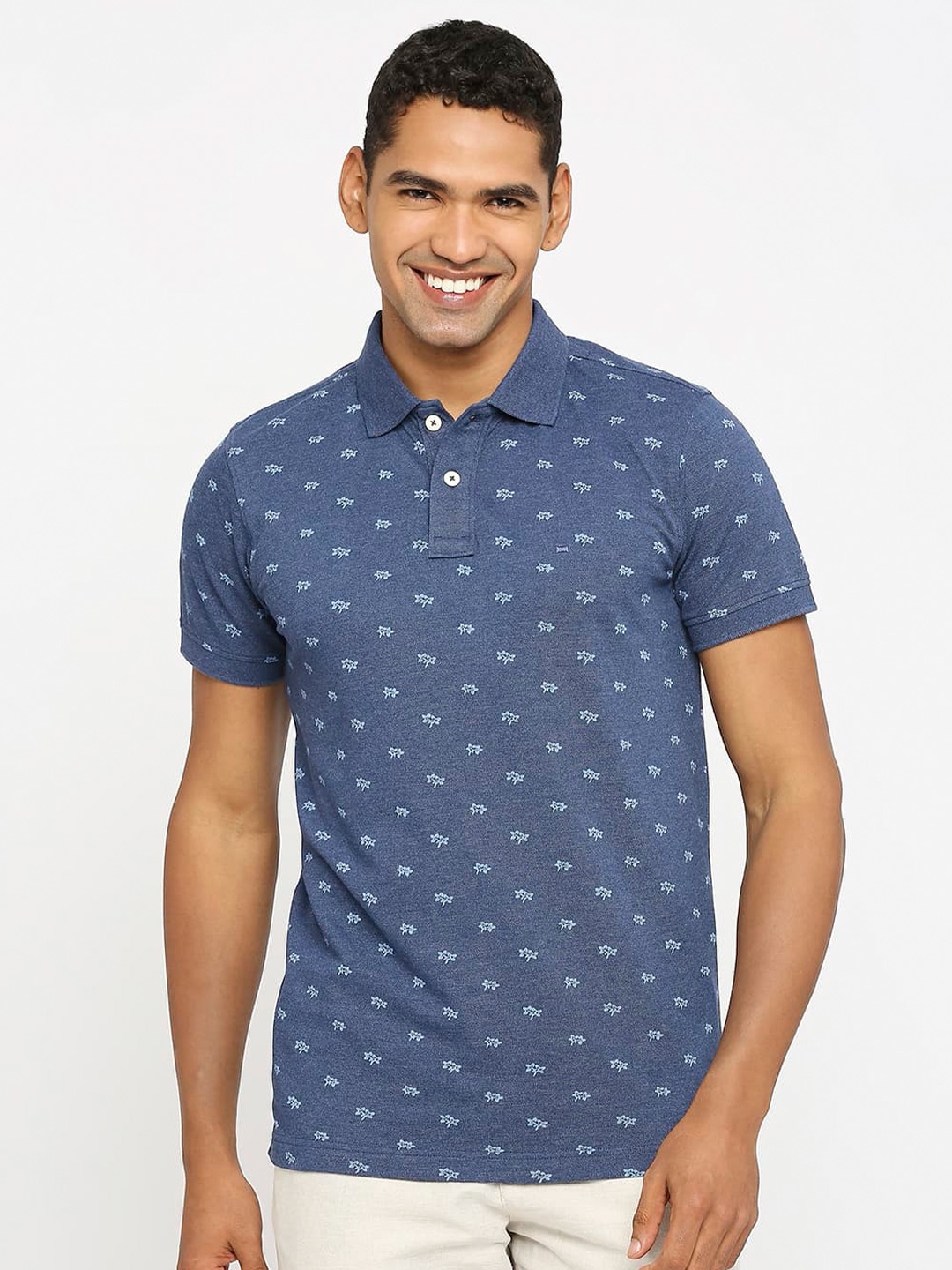 

Basics Polo Collar Slim Fit Geometric Printed Cotton T-shirt, Blue