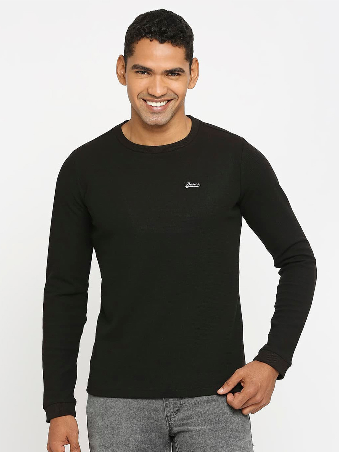 

Basics Round Neck Cotton Slim Fit T-shirt, Black