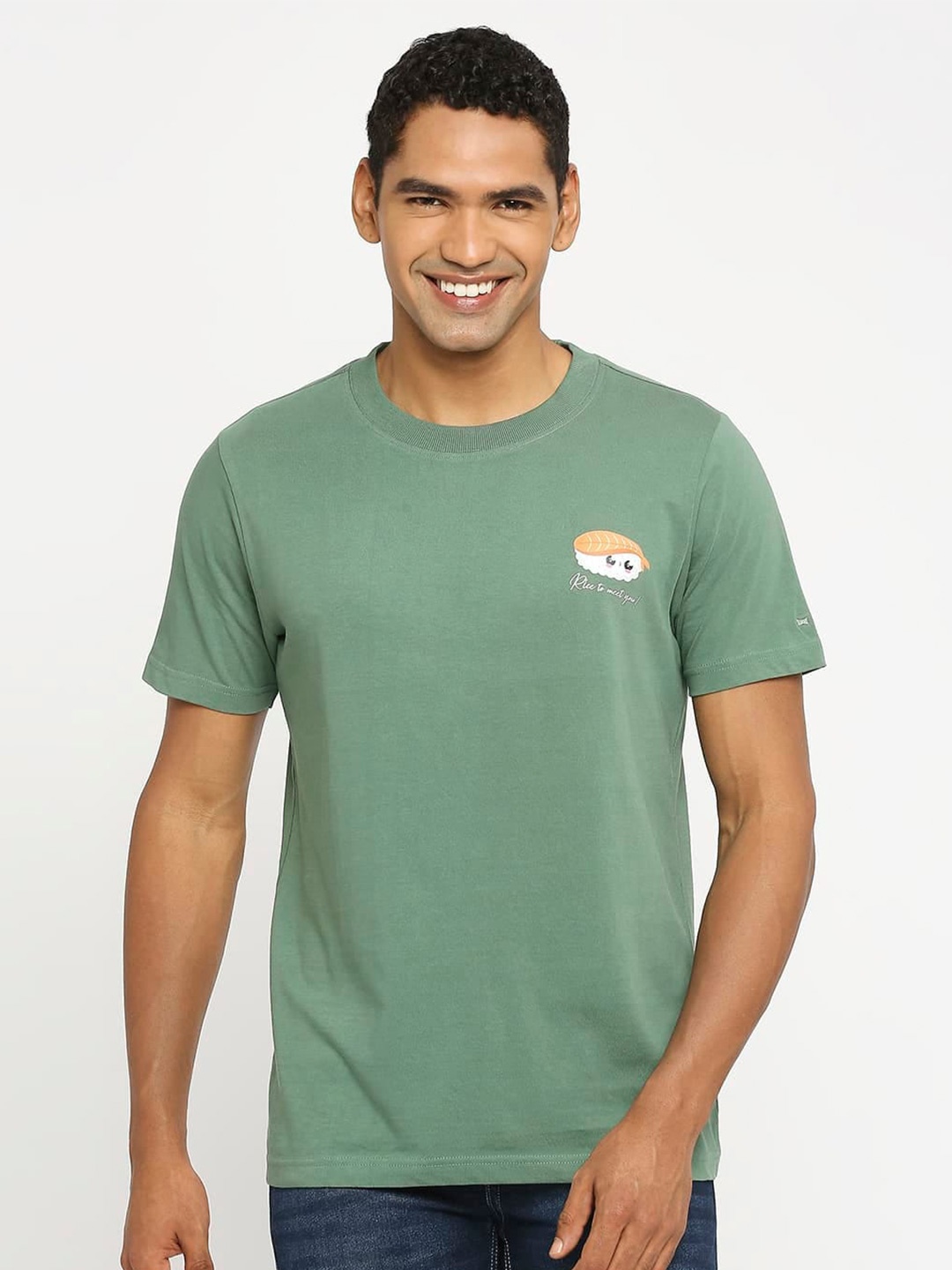 

Basics Round Neck Cotton Slim Fit T-shirt, Green