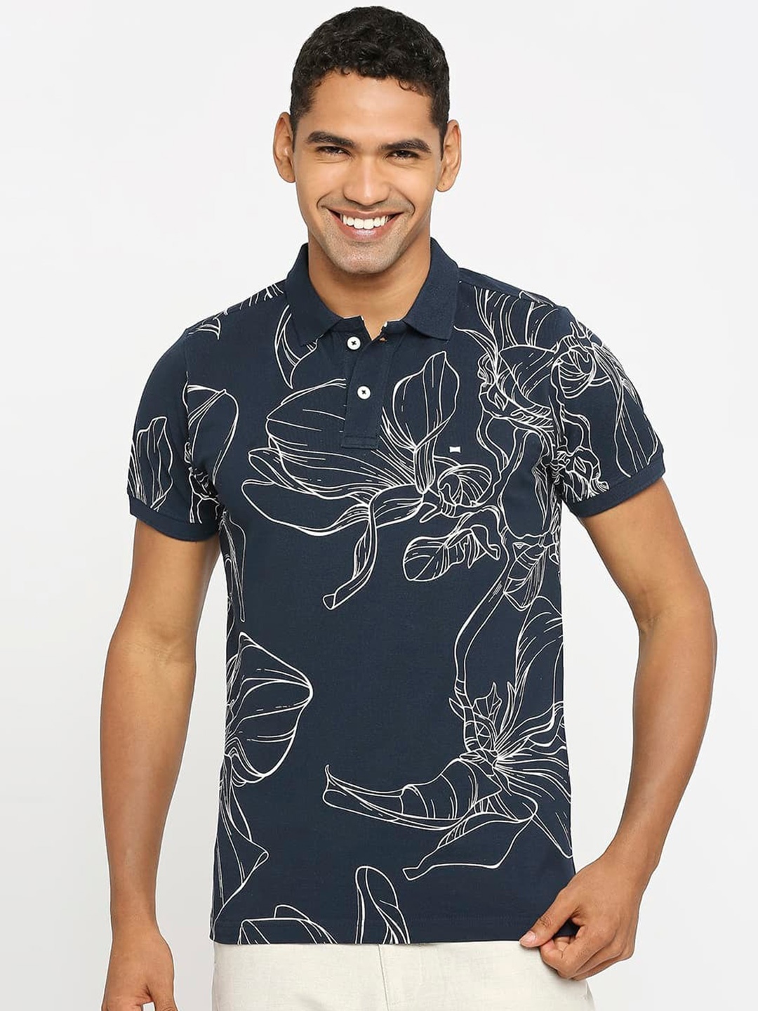 

Basics Printed Polo Collar Cotton Slim Fit T-shirt, Grey