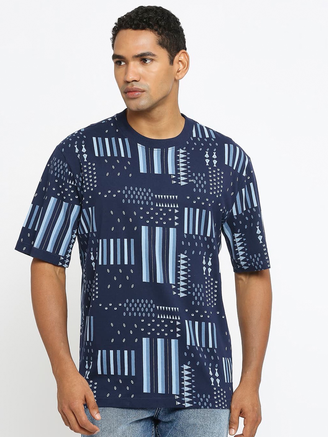 Basics Round Neck Printed Cotton Slim Fit T-shirt, Blue