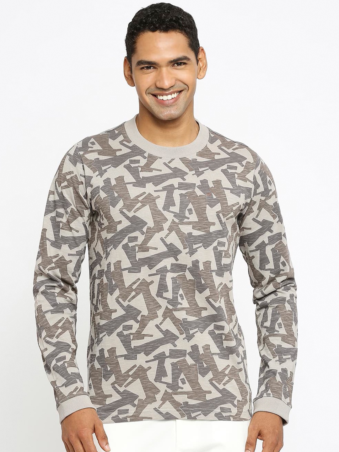

Basics Round Neck Abstract Printed Cotton Slim Fit T-shirt, Grey