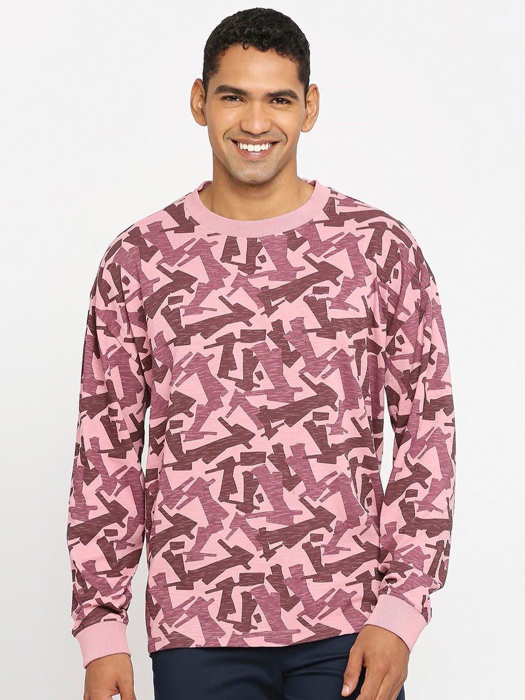 

Basics Round Neck Printed Cotton Relaxed Fit T-shirt, Pink