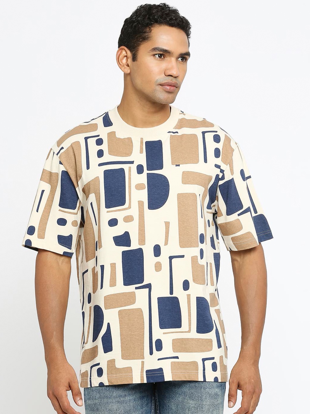 

Basics Abstract Printed Cotton Slim Fit T-shirt, Peach