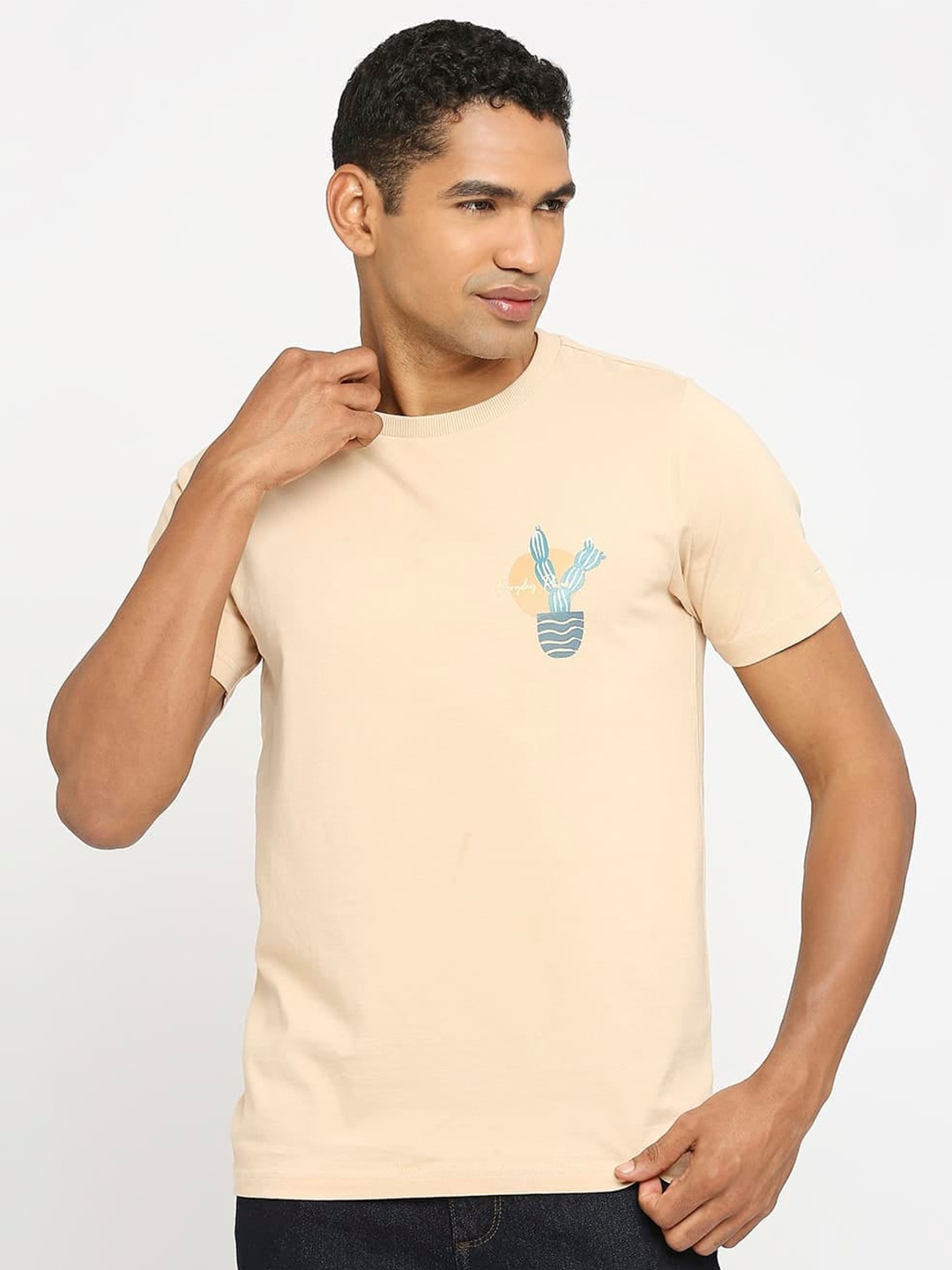 

Basics Round Neck Cotton Slim Fit T-shirt, Peach