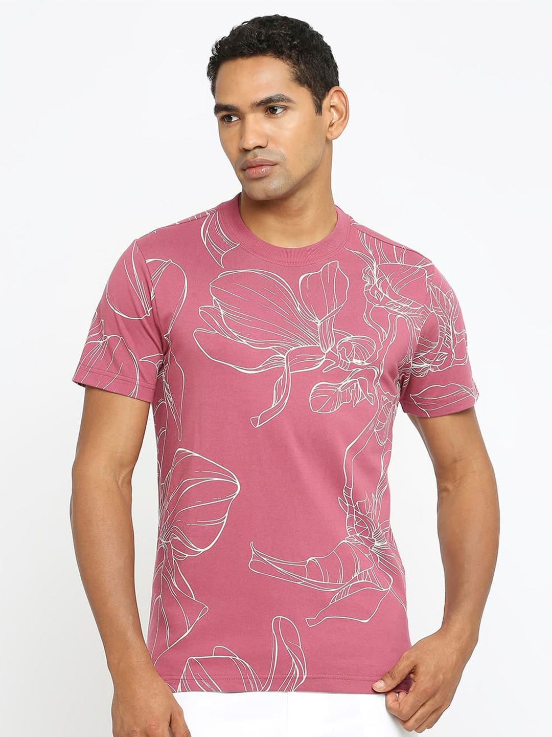 

Basics Round Neck Floral Printed Cotton Slim Fit T-shirt, Maroon