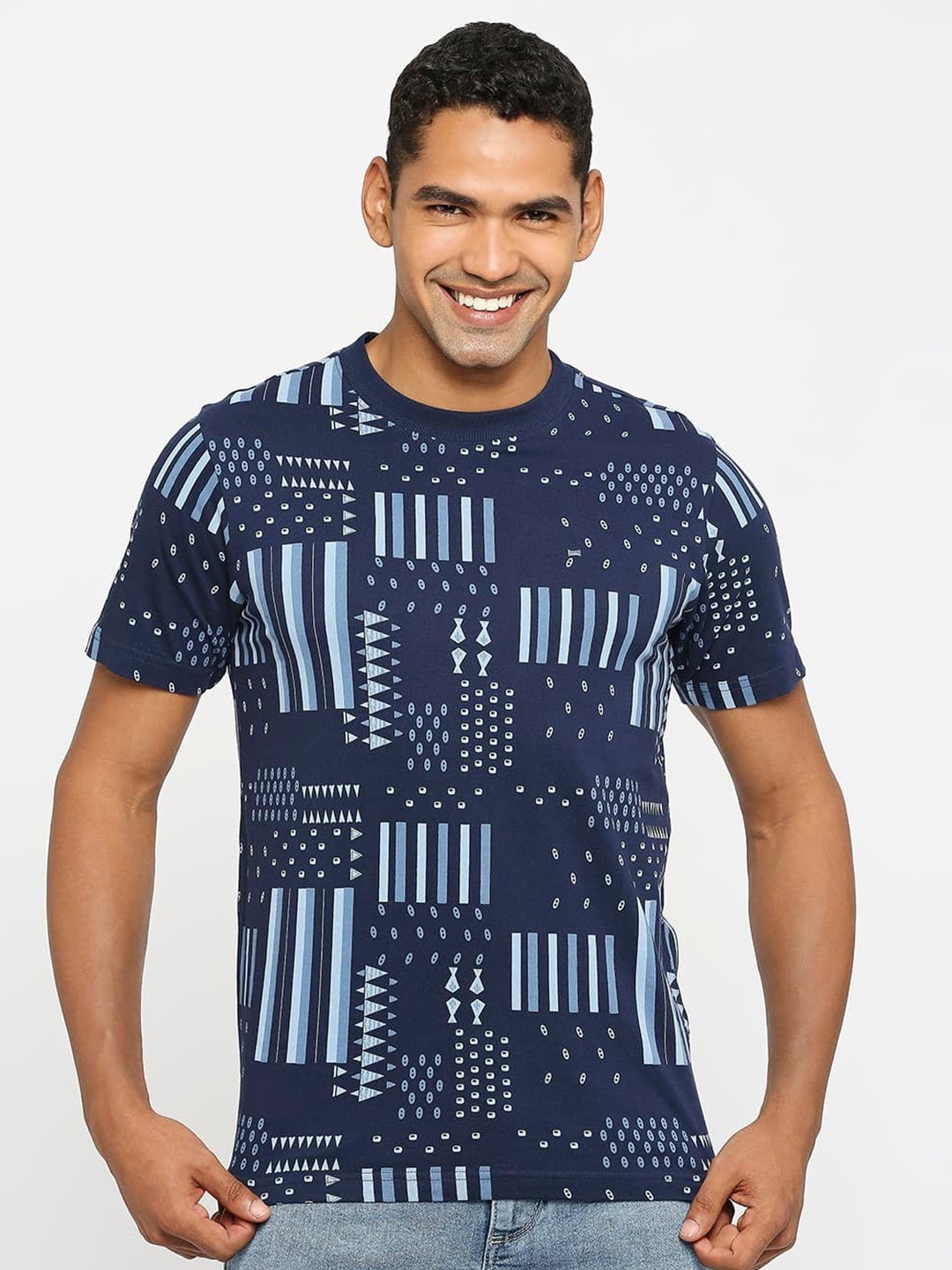 

Basics Round Neck Geometric Printed Slim Fit T-shirt, Blue