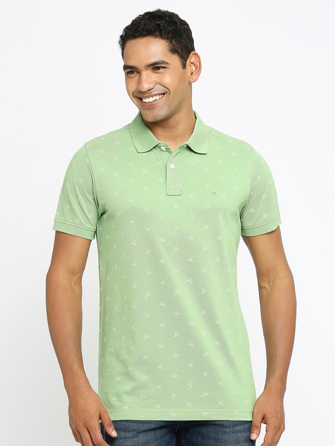 

Basics Conversational Printed Polo Collar Cotton Slim Fit T-shirt, Green