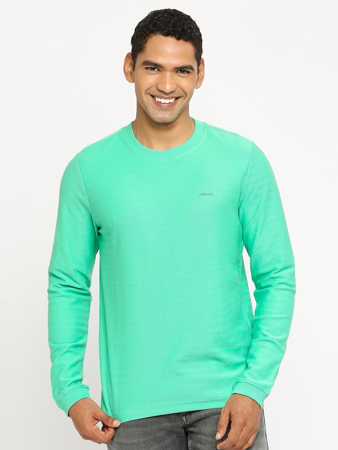 

Basics Round Neck Cotton Slim Fit T-shirt, Green