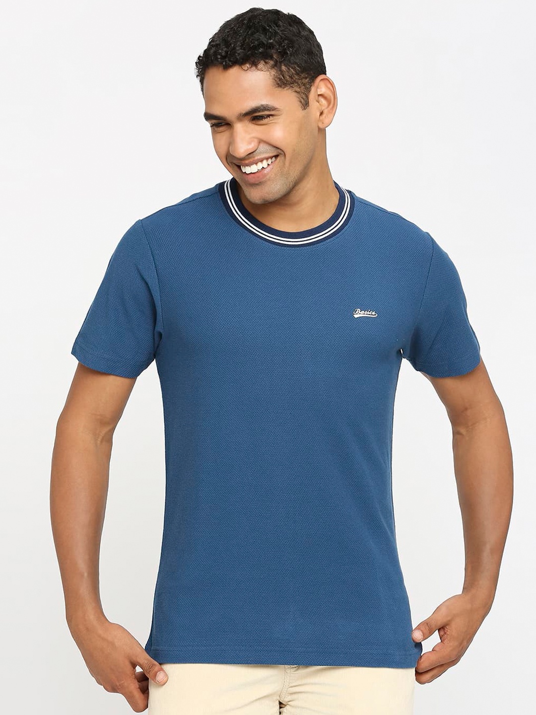 

Basics Round Neck Cotton Slim Fit T-shirt, Blue