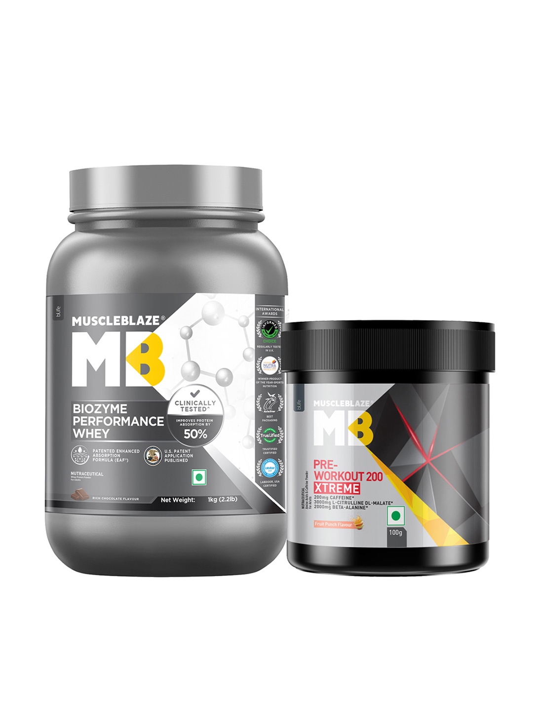 

MuscleBlaze Biozyme Performance Whey- Rich Chocolate & PRE Workout 200 Xtreme- 1Kg, Brown