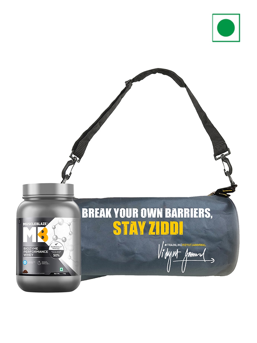 

MuscleBlaze Biozyme Performance With Limited Edition Vidyut Gym Bag- Rich Chocolate -1Kg, Grey