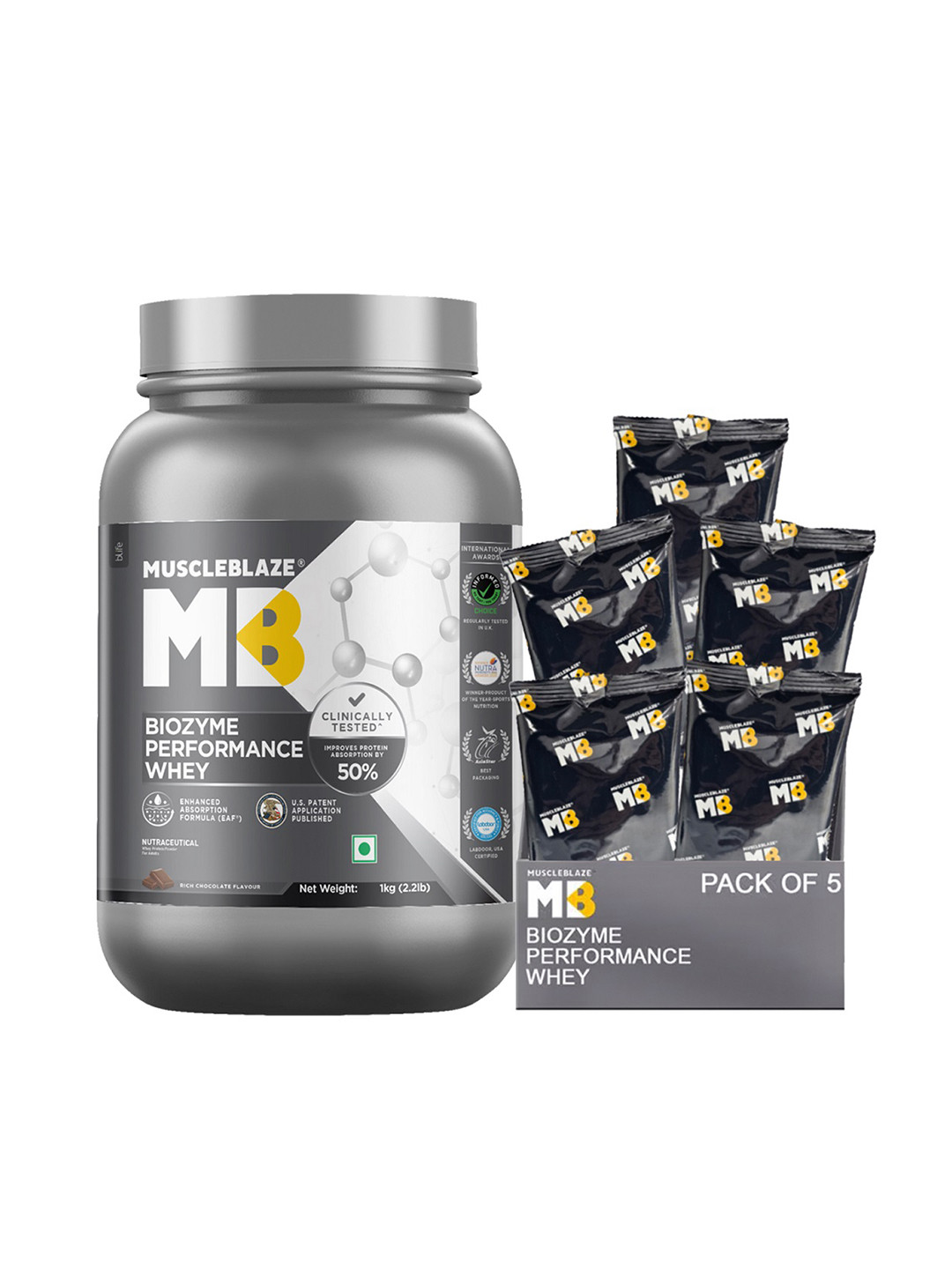 

MuscleBlaze Pack Of 5 Biozyme Performance 2.2 lb Protein-Rich Chocolate Flavour -1 kg, Brown